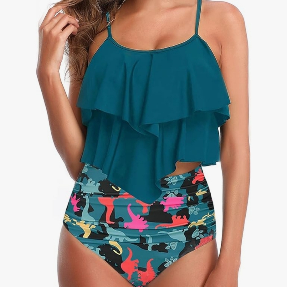 Women’s Modest Floral Tankini Ruffled Tank Top Tummy Control,XL